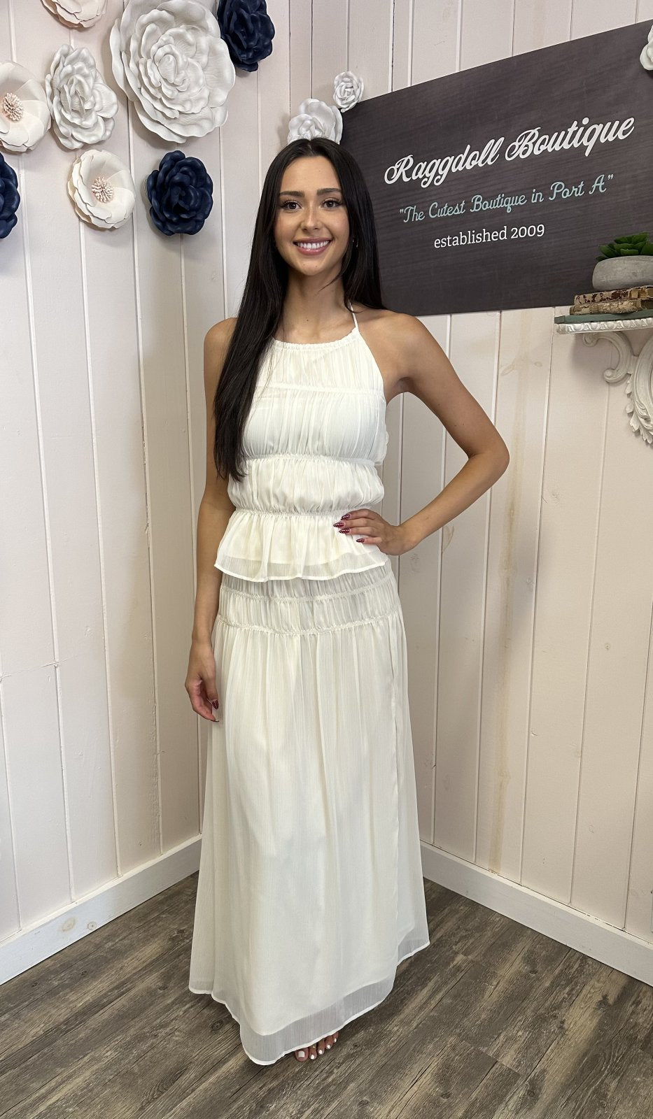 White chiffon top and maxi skirt set, perfect for beach dresses and coastal boutique clothing.