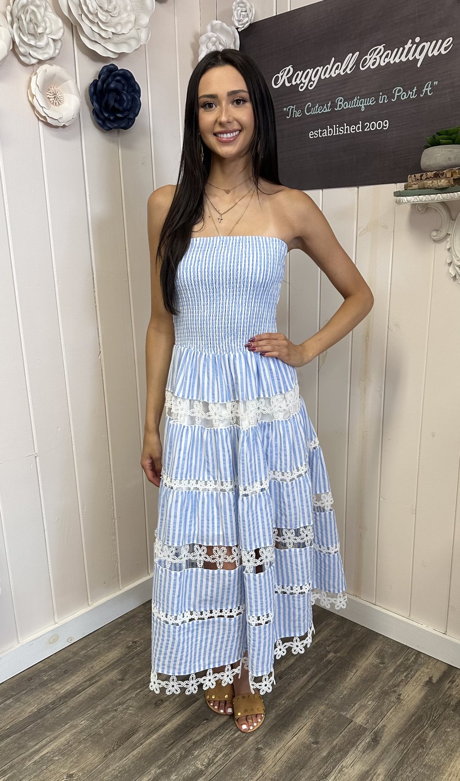 Alora Dress: Striped Floral Lace Tube Dress in Light Blue, perfect for beach outings from a coastal boutique.
