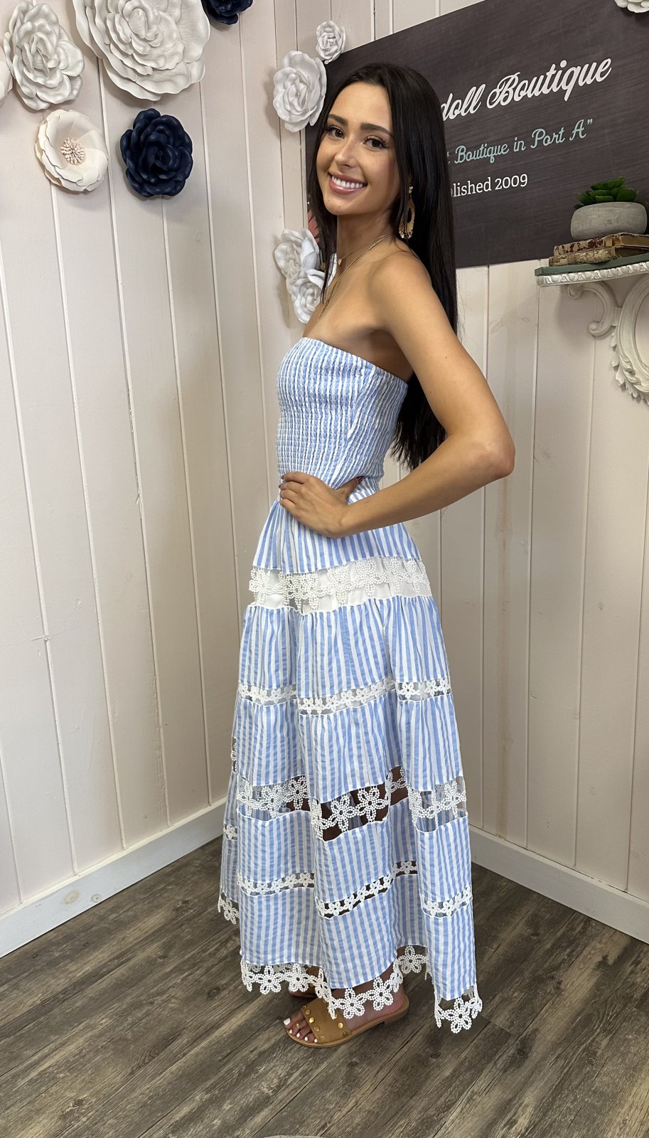 Light blue striped floral lace tube dress, perfect for coastal boutique clothing and tropical vacation dresses.