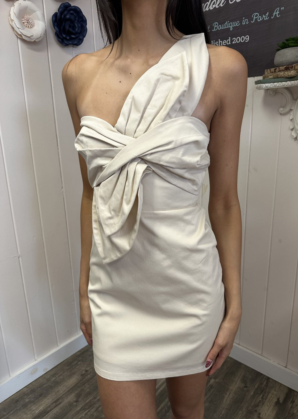 Ecru Knot-Twisted Mini Dress showcasing a bold design; perfect for coastal boutique clothing and beach dresses.