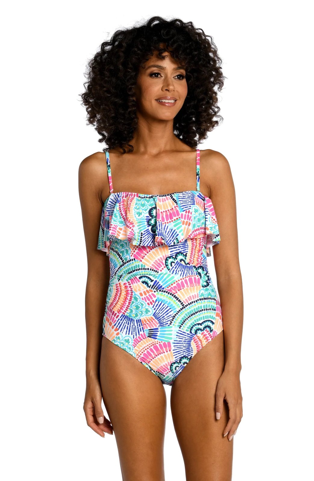 WAVES RUFFLE BANDEAU LA BLANCA ONE PIECE displayed on model, perfect for summer outfits Texas from Raggdoll Boutique.