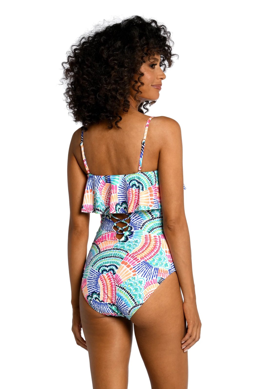 WAVES RUFFLE BANDEAU LA BLANCA ONE PIECE back view showcasing trendy coastal style from Raggdoll Boutique.