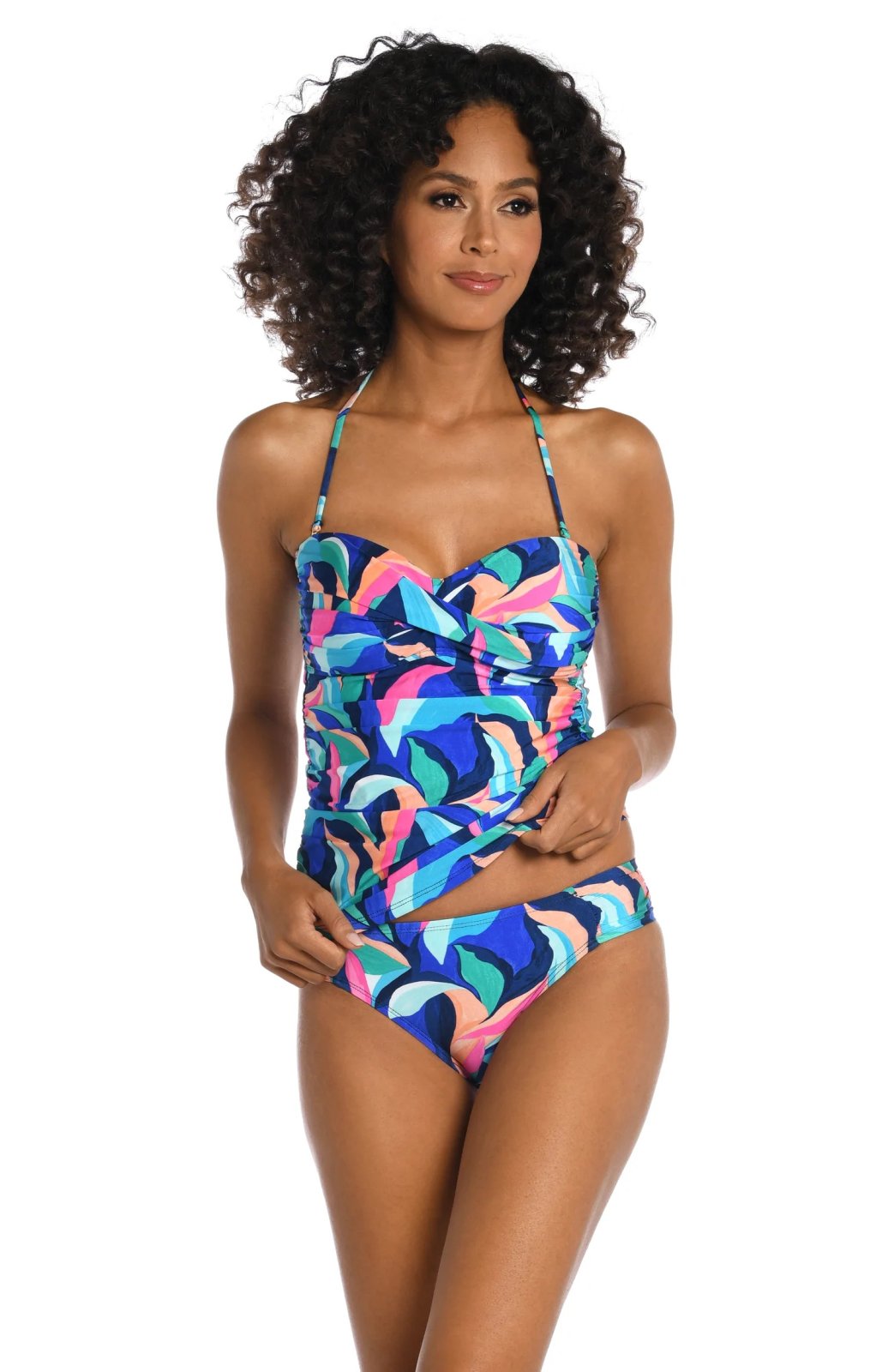 PAINTED STROKES TWIST BANDINI TOP displayed on a model, perfect for trendy coastal style at Raggdoll Boutique.