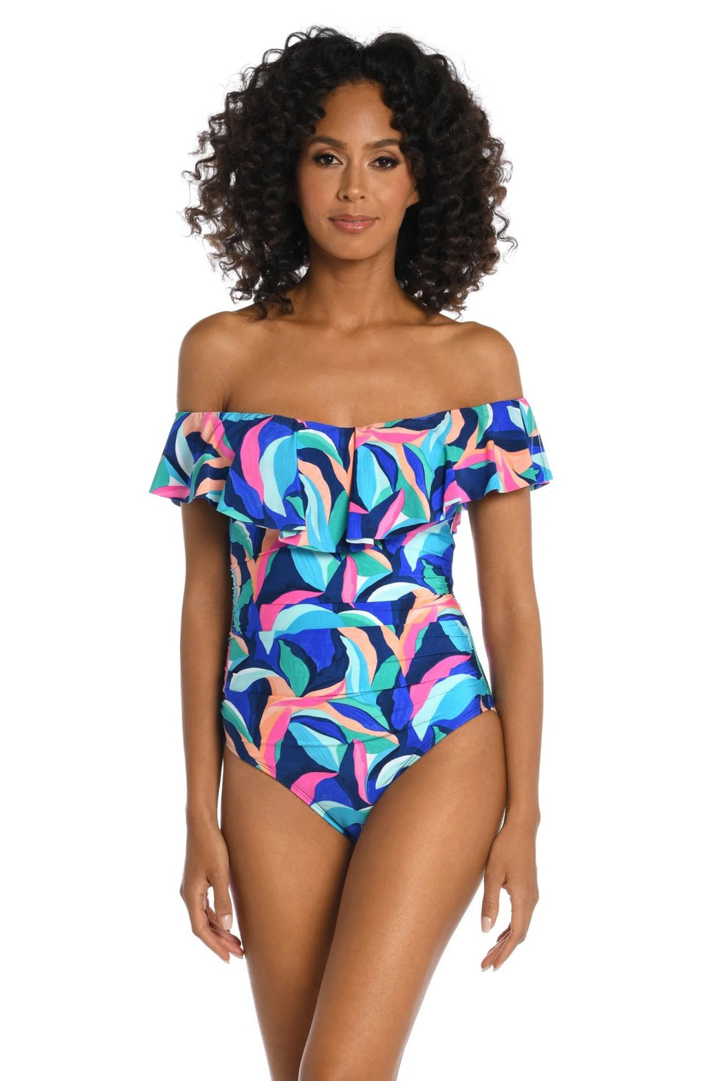 PAINTED STROKES OFF-SHOULDER ONE PIECE LA BLANCA swimwear from Raggdoll Boutique in colorful coastal style.