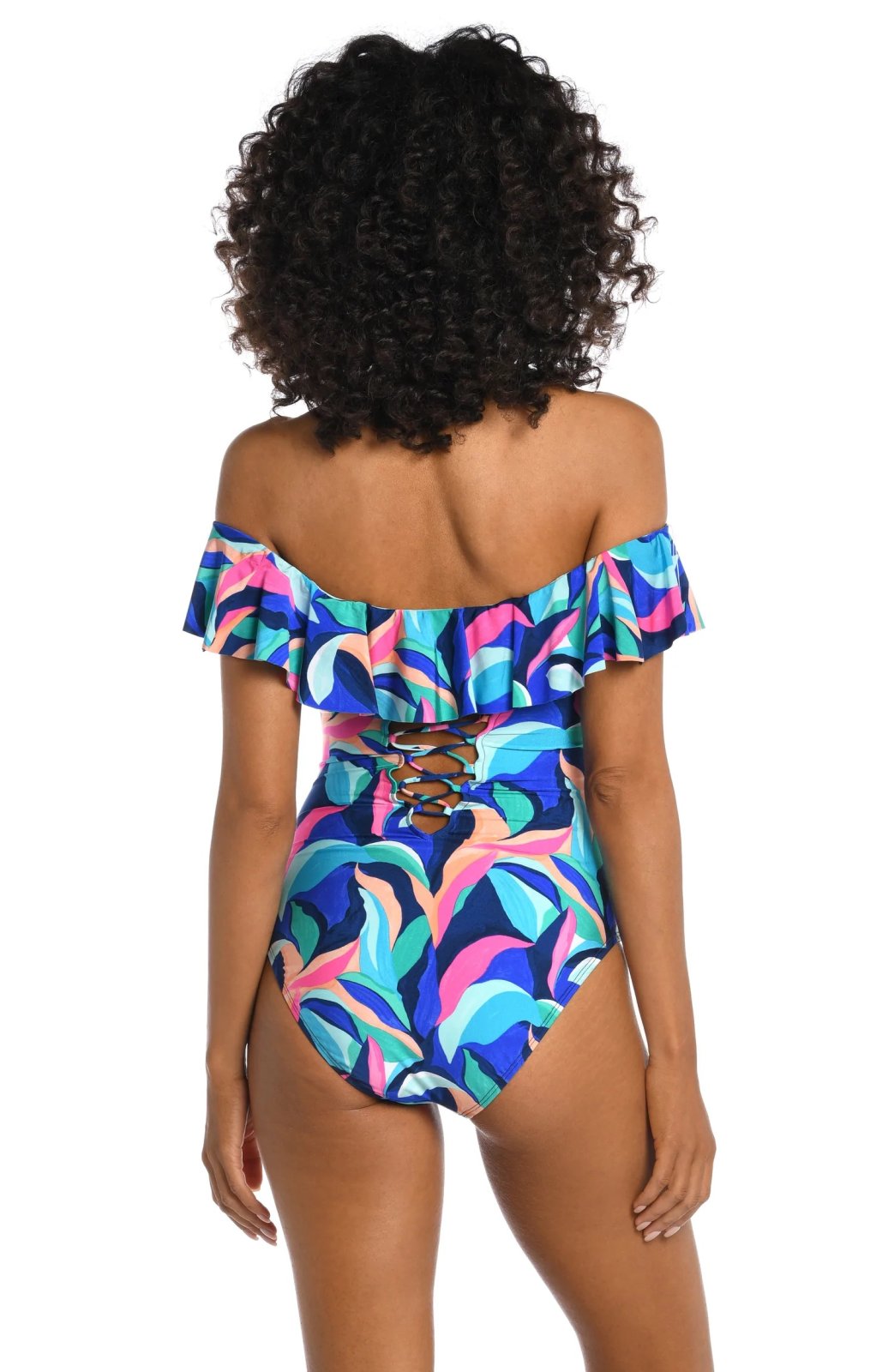 PAINTED STROKES OFF-SHOULDER ONE PIECE LA BLANCA showcasing vibrant colors and ruffled design, perfect for summer outfits Texas.