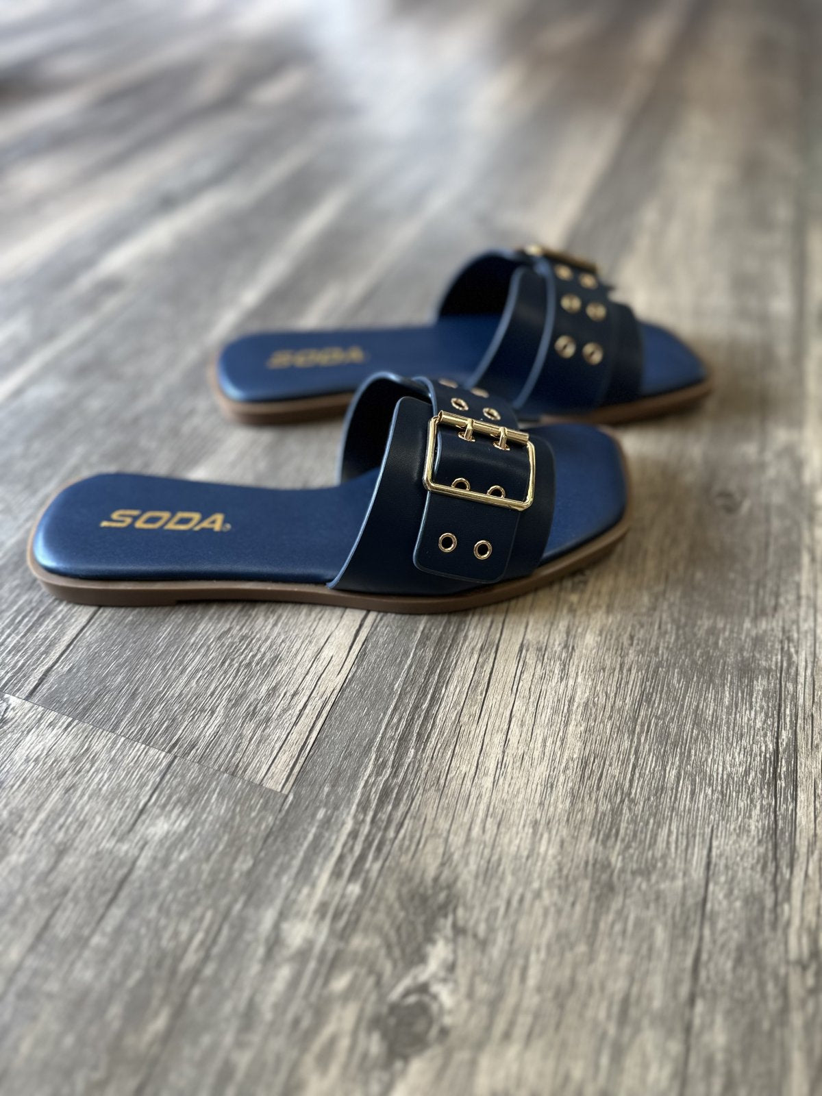 Kendra Navy Slide - stylish flat slides perfect for beach dresses, curvy plus size fashion, and tropical vacation outfits.