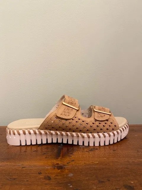 LATTE TULIP SANDALS DOUBLE STRAP W/BUCKLES by ILSE JACOBSEN displayed on a wooden surface.