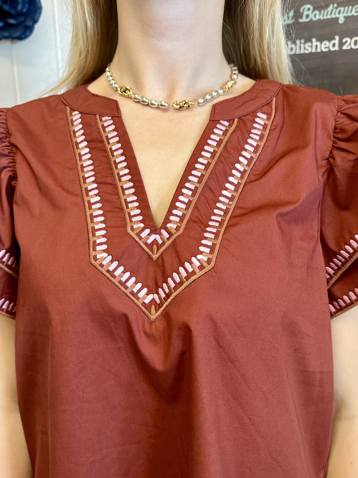 Willow Top with embroidered trim V-neck and ruffle flutter sleeves, perfect for summer outfits Texas.