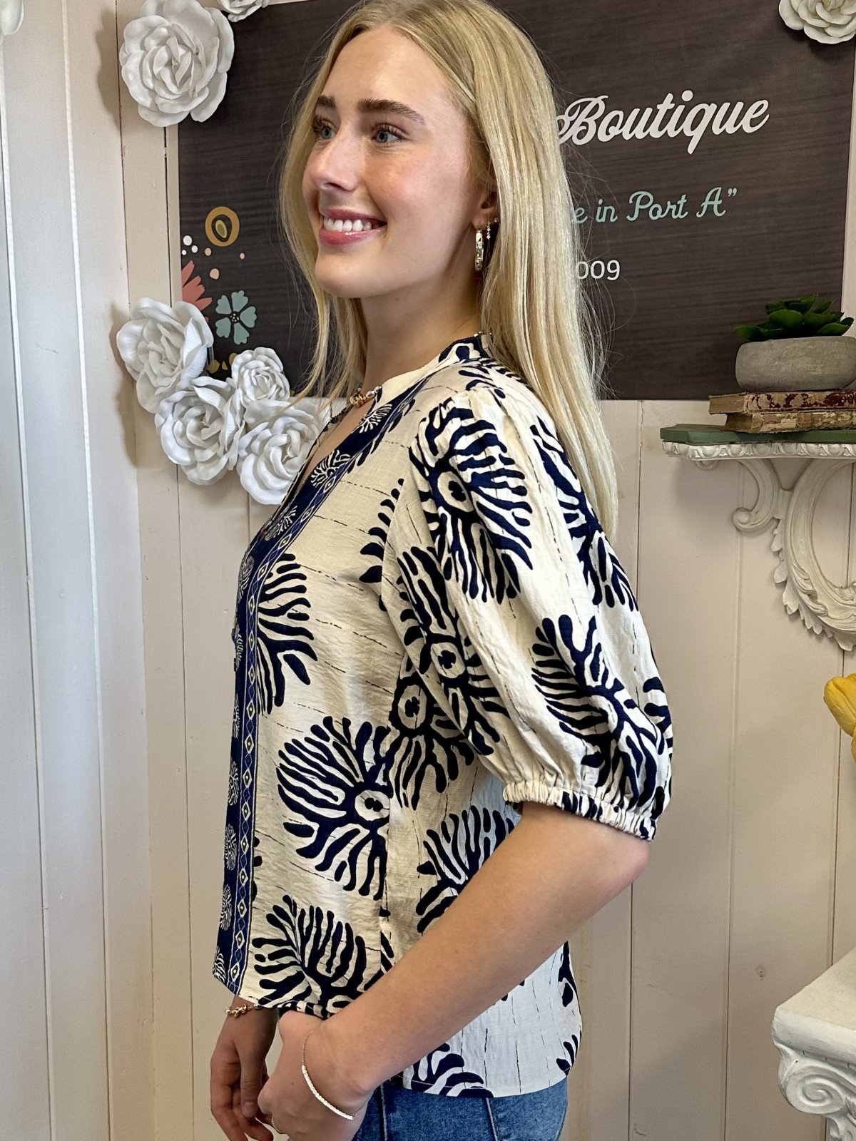 Mary Top by Raggdoll Boutique featuring puff sleeves and abstract print, perfect for trendy coastal style.