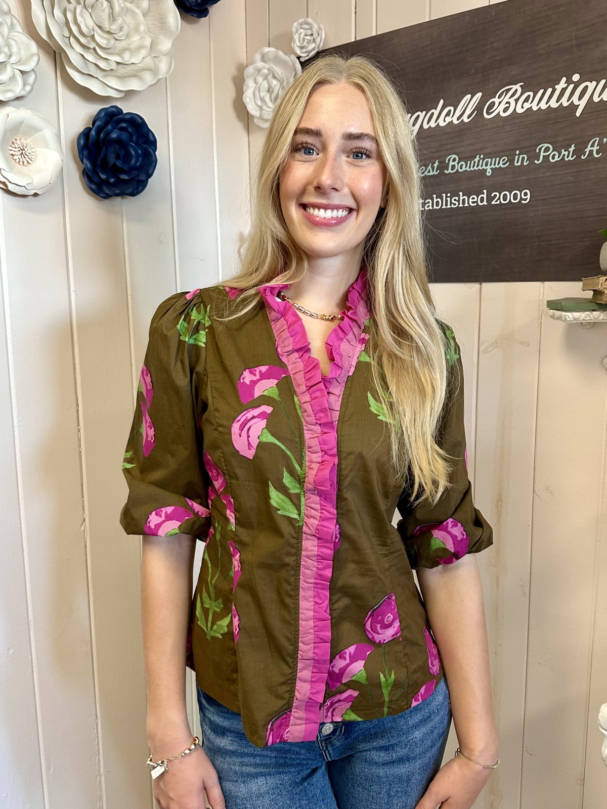 Maple Top at Raggdoll Boutique - Brown mix floral ruffle top with pink trim, perfect for summer outfits in Port Aransas.