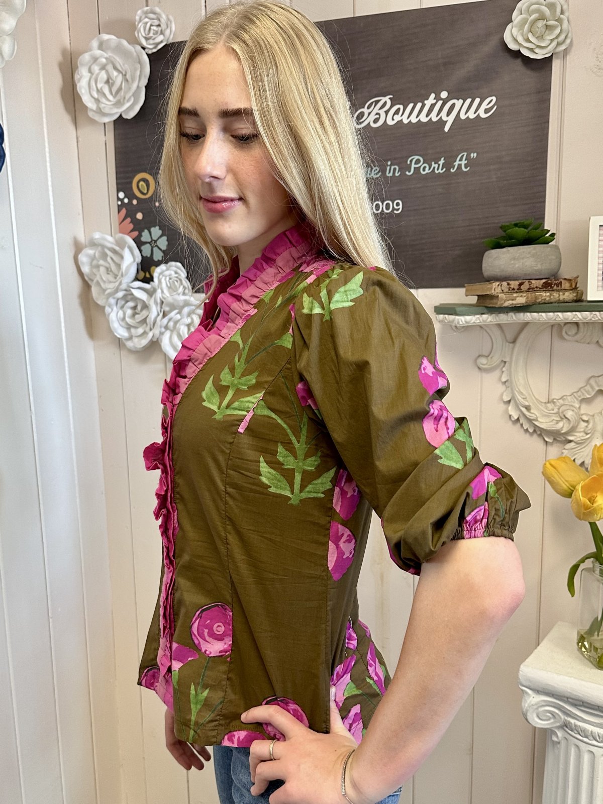 Maple Top featuring brown mix floral print and ruffle details, perfect for trendy coastal style at Raggdoll Boutique.