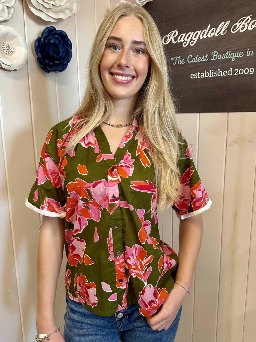 Stevie Top in olive floral design at Raggdoll Boutique, perfect for summer outfits and trendy coastal style.