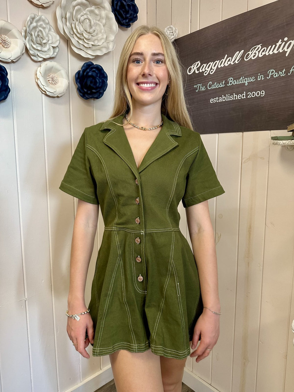 Taylor Romper on model at Raggdoll Boutique showcasing trendy coastal style and summer outfits Texas.