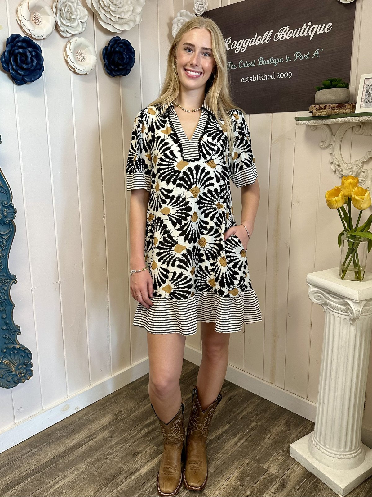Eden Dress at Raggdoll Boutique, showcasing trendy coastal style with half sleeve and mini length, perfect for summer outfits Texas.