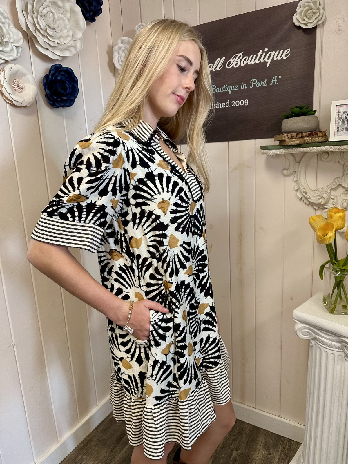 Eden Dress at Raggdoll Boutique, featuring a stylish half sleeve collared design with pockets, perfect for trendy coastal style.