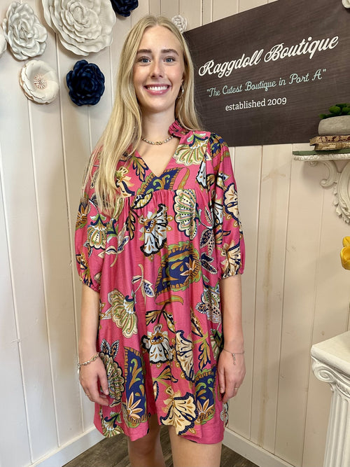 Pamela Dress in pink abstract print, puff sleeve babydoll style from Raggdoll Boutique in Port Aransas.