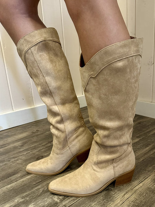 Julia Boots - Chic tan suede boots for women's fashion from Raggdoll Boutique in Port Aransas.