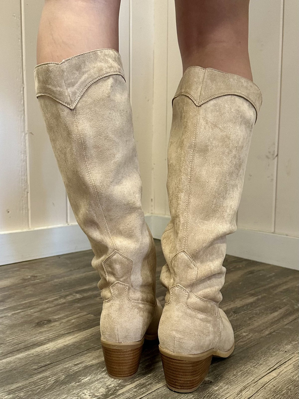 Back view of Julia Boots in tan suede, stylish and comfortable for summer outfits Texas at Raggdoll Boutique.