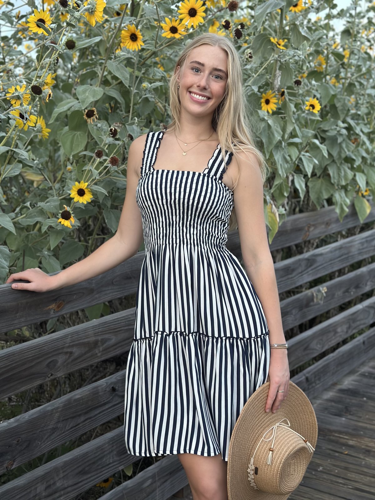 Lacy Dress from Raggdoll Boutique with navy and white stripes, perfect for summer outfits Texas and trendy coastal style.