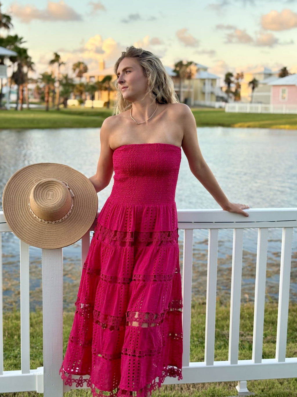 Nixie Dress in fuchsia eyelet, perfect for summer outings, from Raggdoll Boutique, Port Aransas boutique.