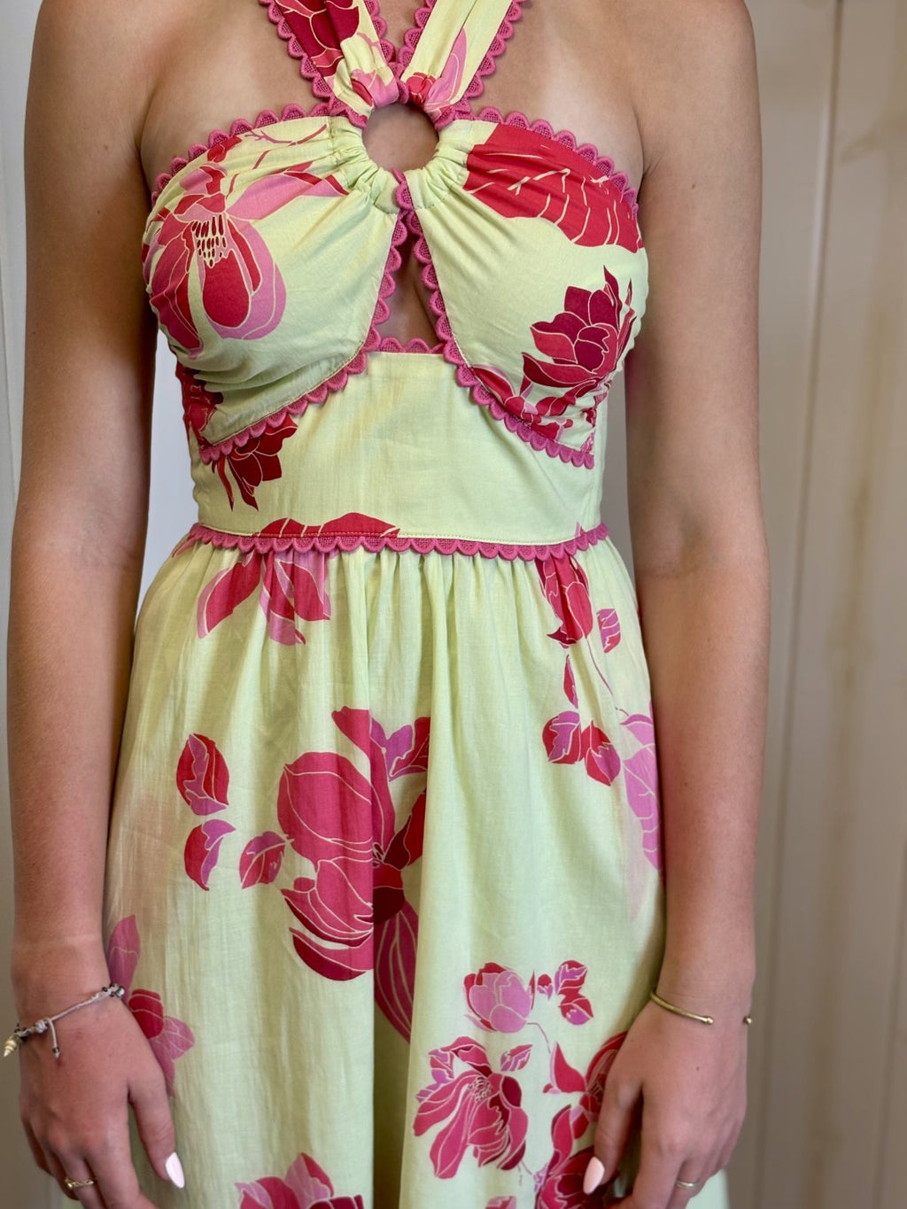 Sloane Dress in floral print, perfect for tropical vacations; ideal for coastal boutique clothing and beach dresses.