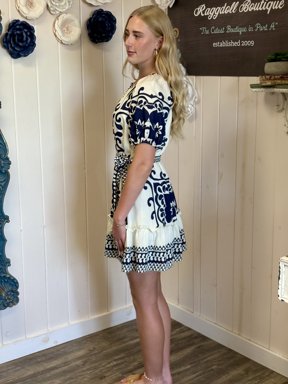 Ivory and navy floral border shift dress from Raggdoll Boutique, ideal for brunch and casual outings, stylish women's fashion.