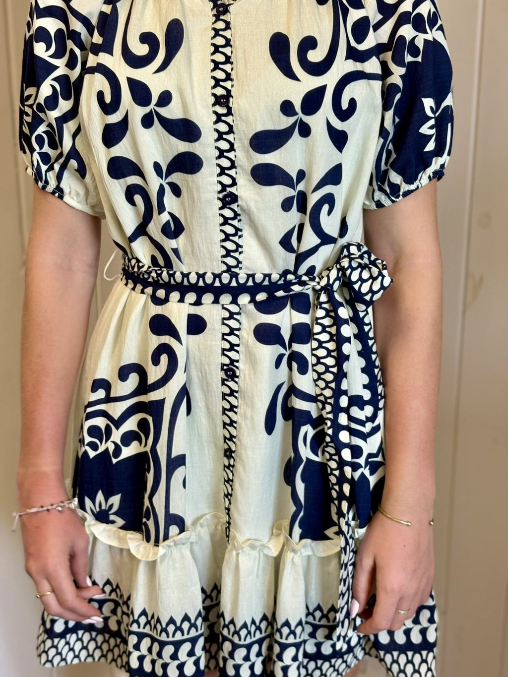 Ivory and navy floral border print shift dress, perfect for Port Aransas boutique summer outings and coastal boutique clothing.