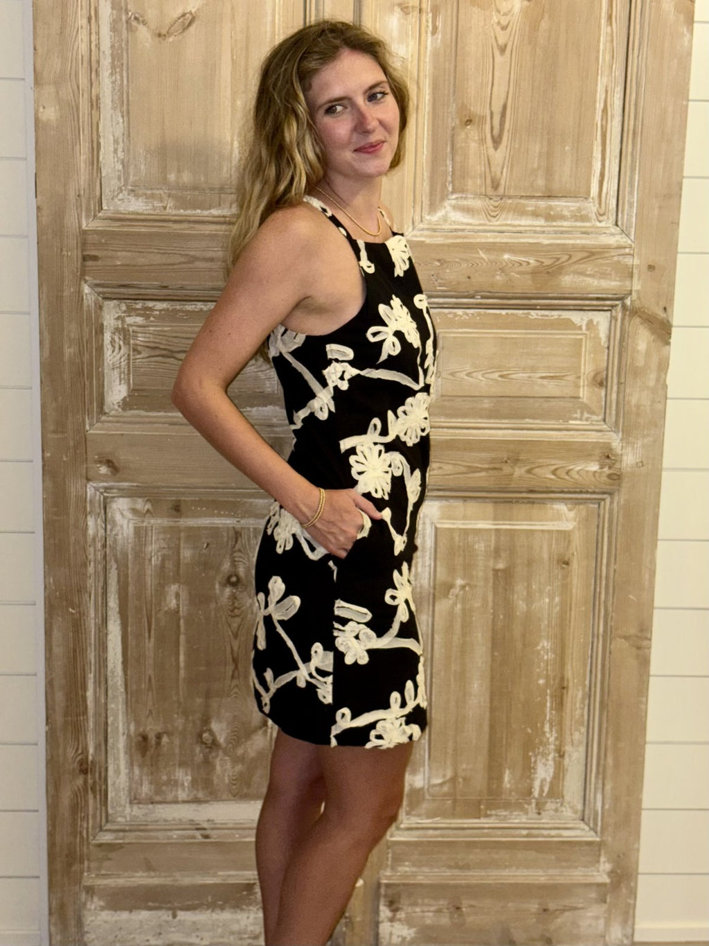 Ember Dress: black and cream embroidered dress from THML, perfect for Port Aransas boutique and tropical vacations.