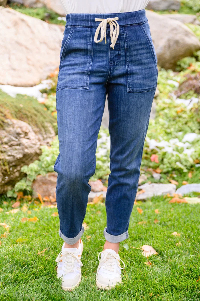 JUDY BLUE JOGGER featuring lightweight stretchy denim and a hi-rise waist, from Raggdoll Boutique.