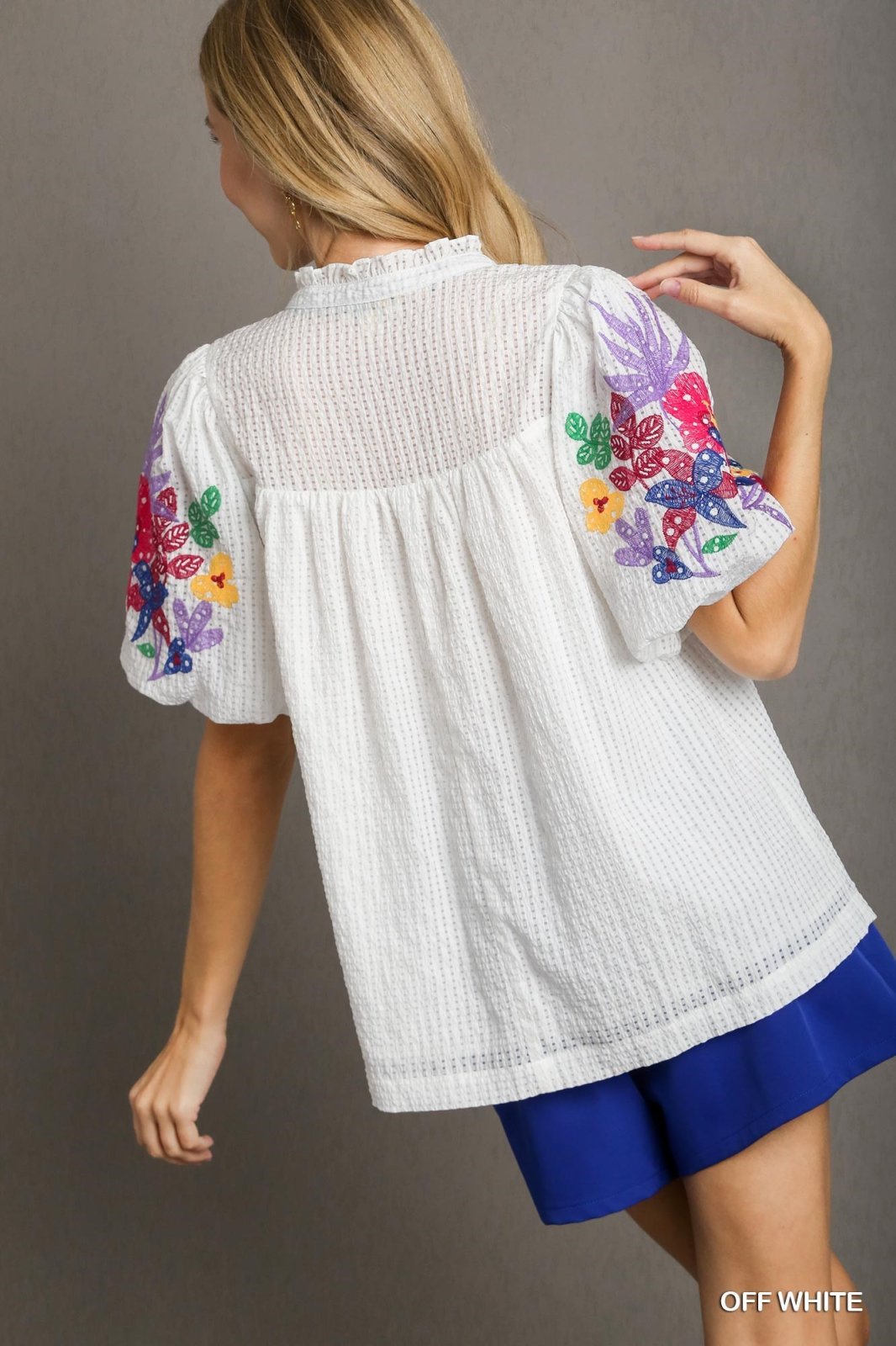 Elizabeth Top: Trendy coastal style with embroidered sleeves from Raggdoll Boutique for summer outfits.