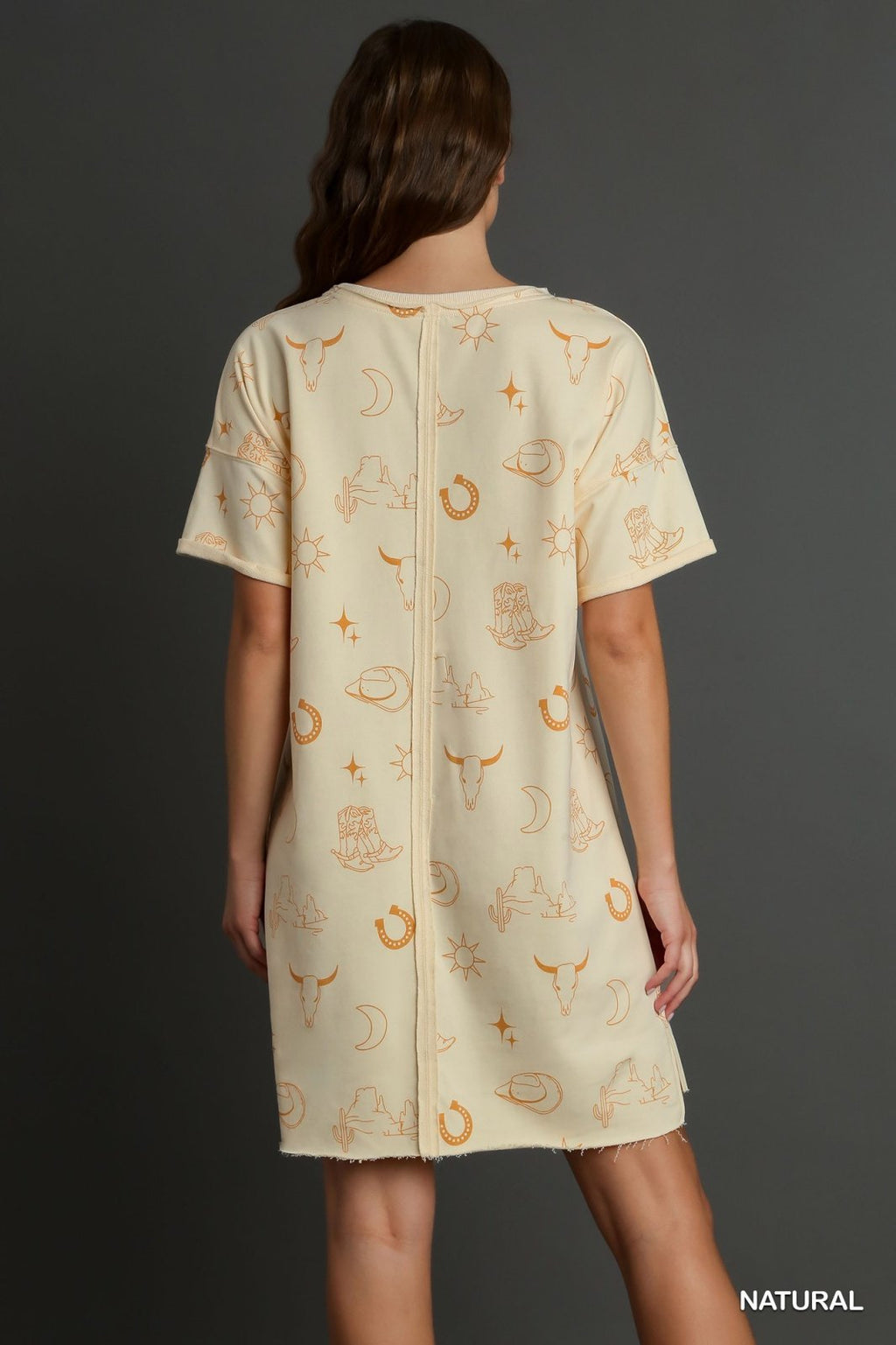 YEEHAW--NATURAL SHORT SLEEVE GRAPHIC DRESS displayed in a neutral color with trendy motifs, perfect for summer outfits Texas.