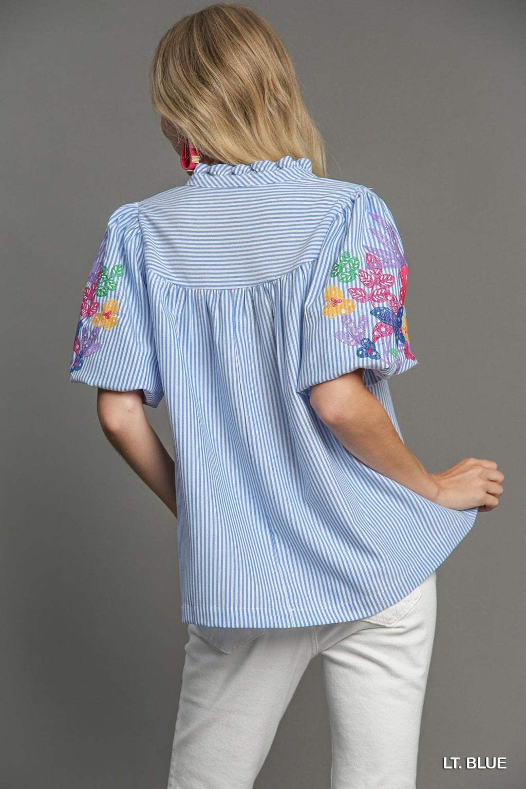 Hazel Top from Raggdoll Boutique, featuring stylish embroidered sleeves and trendy coastal style for summer outfits.
