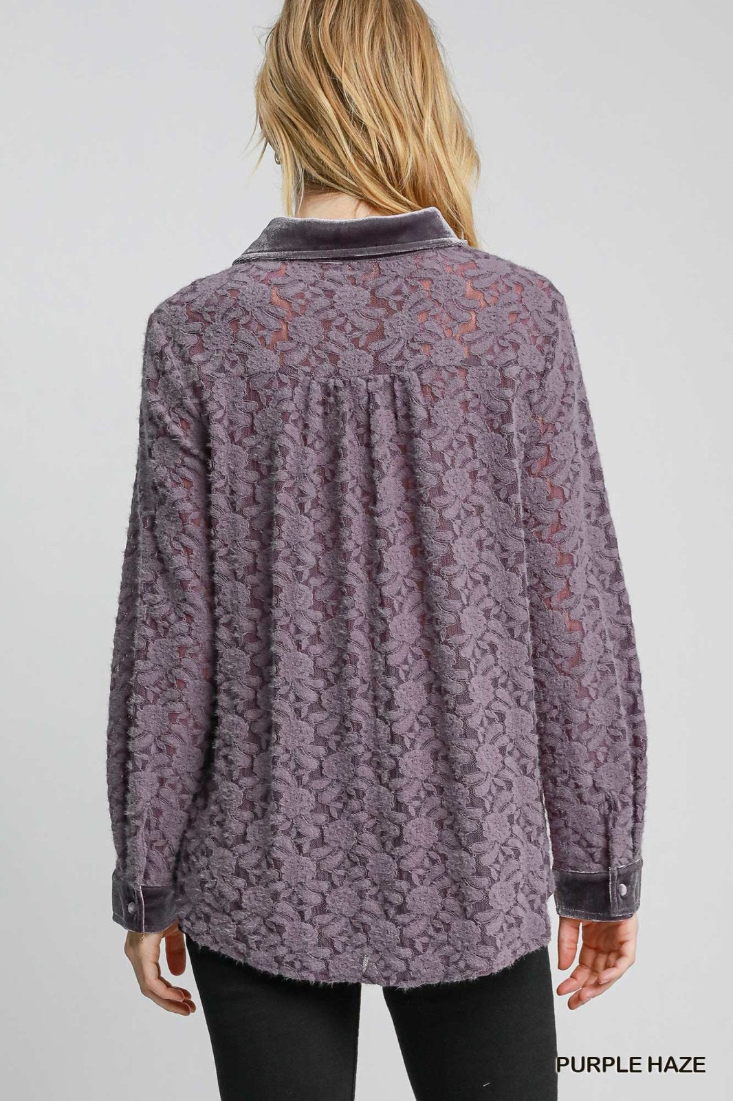 Back view of the stylish Purple Haze Top, perfect for coastal boutique clothing and tropical vacation dresses.