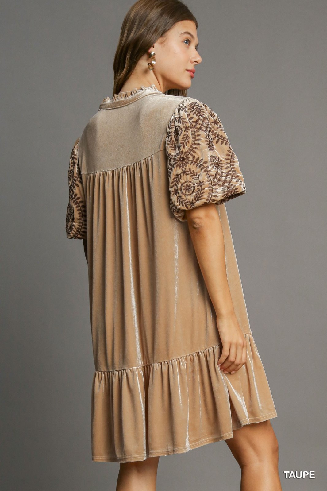 Rhonda Dress in taupe with stylish puff sleeves, perfect for coastal boutique clothing and tropical vacations.