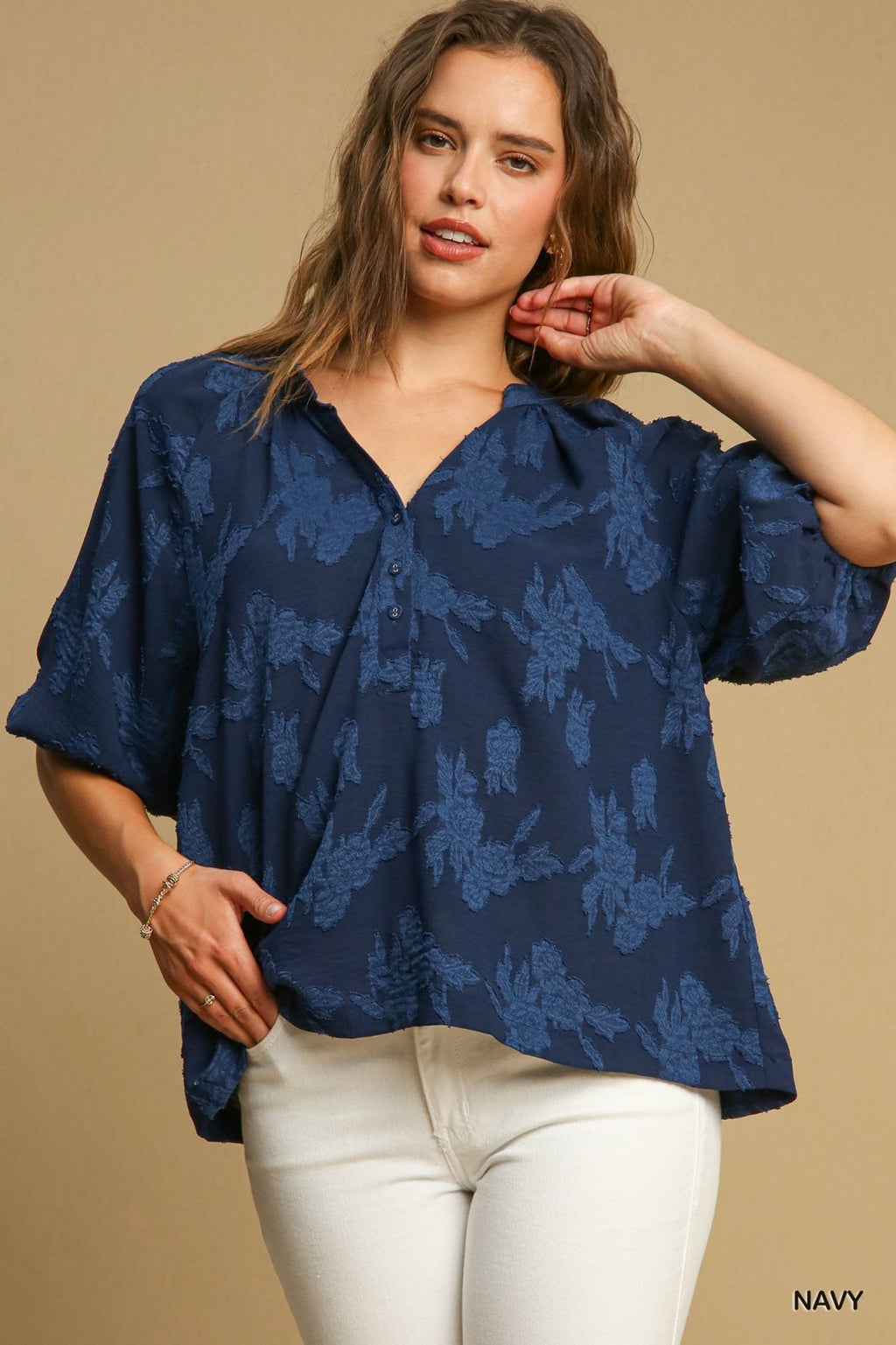 Navy floral burnout top with bubble sleeves, perfect for coastal boutique clothing and stylish tops for women.