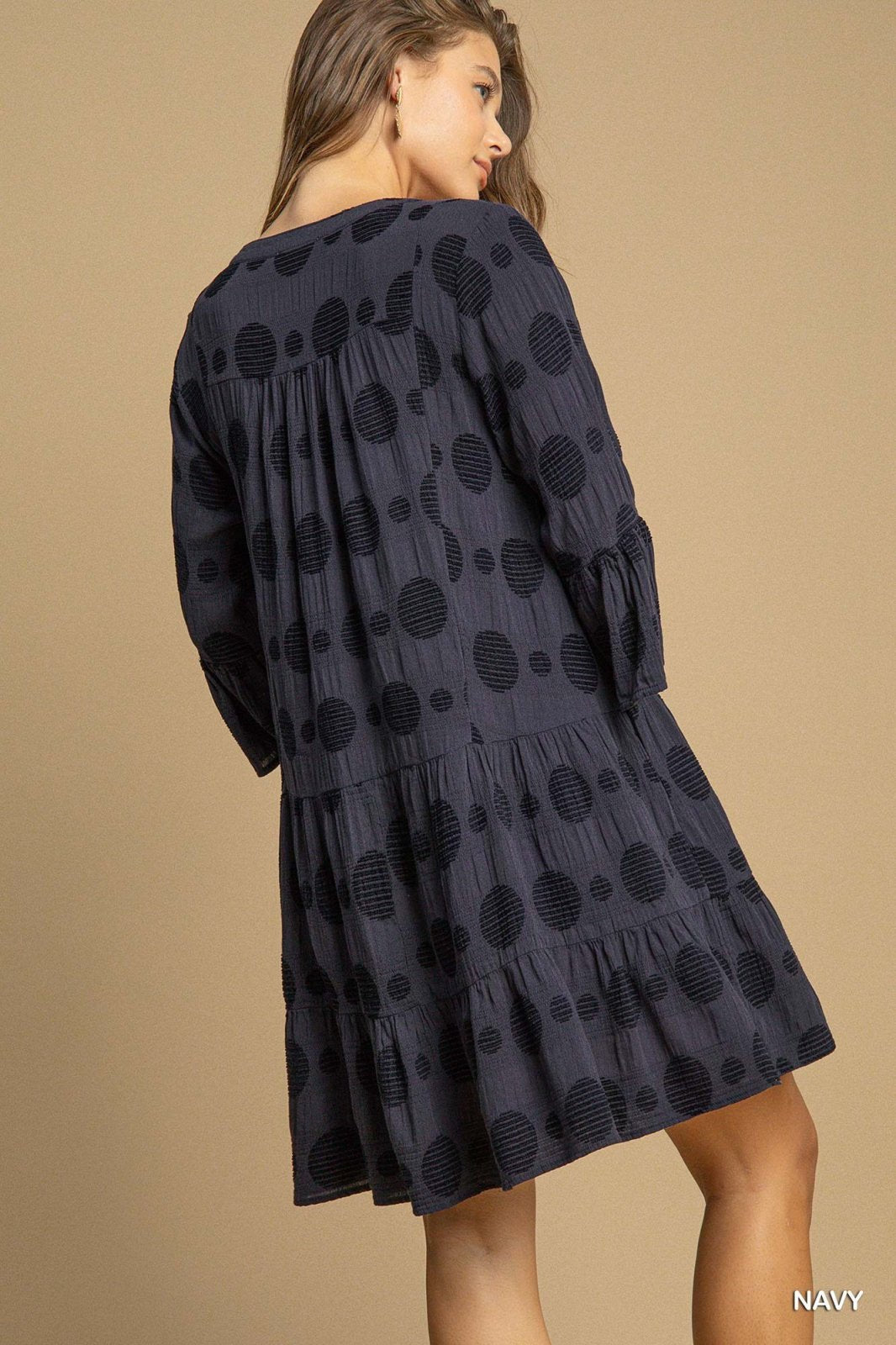 Navy Jana Dress featuring a playful polka dot design, perfect for coastal boutique clothing and tropical vacation styles.