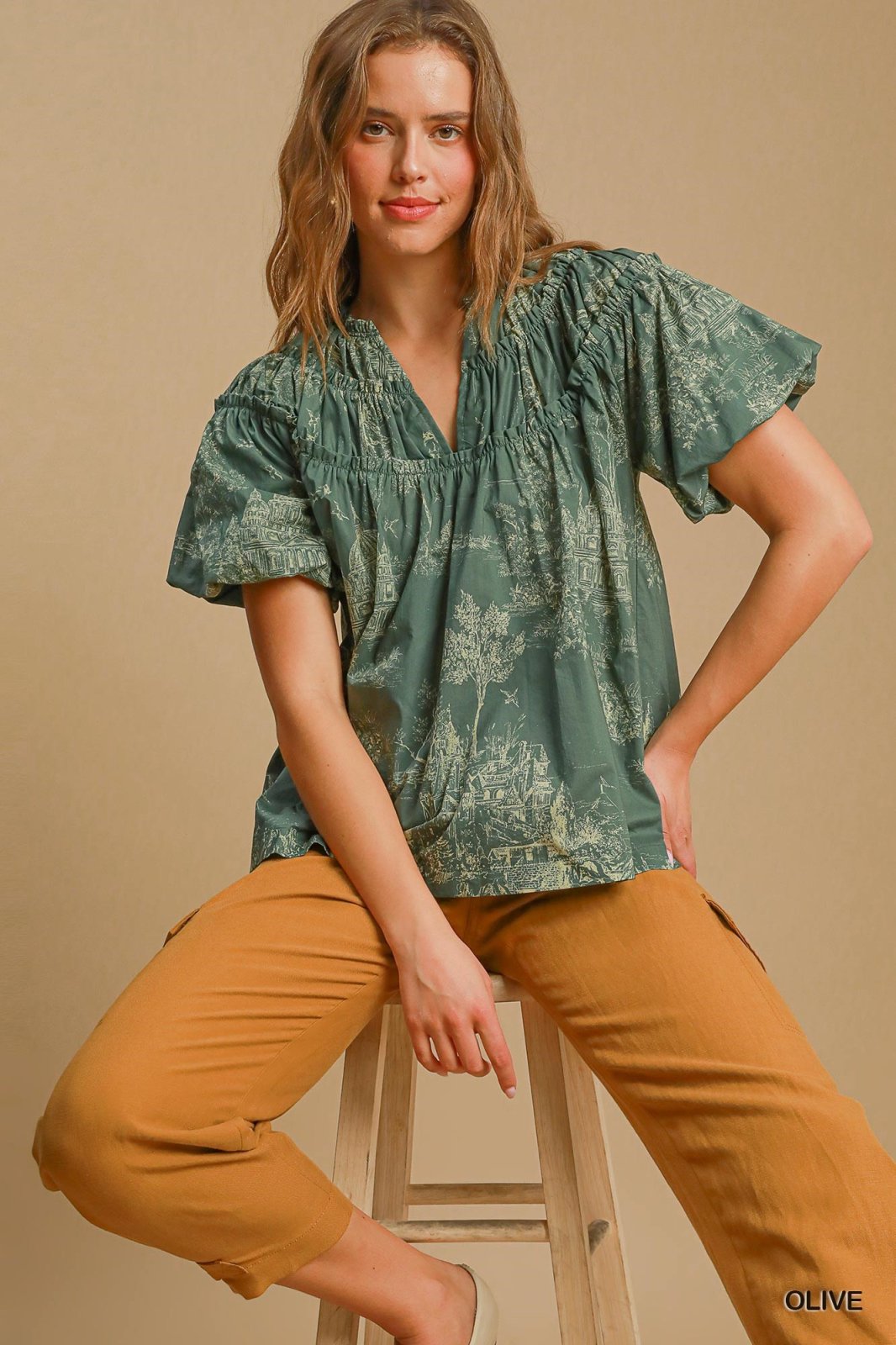 Olive Top in green floral print, a stylish addition to coastal boutique clothing and perfect for tropical vacation dresses.
