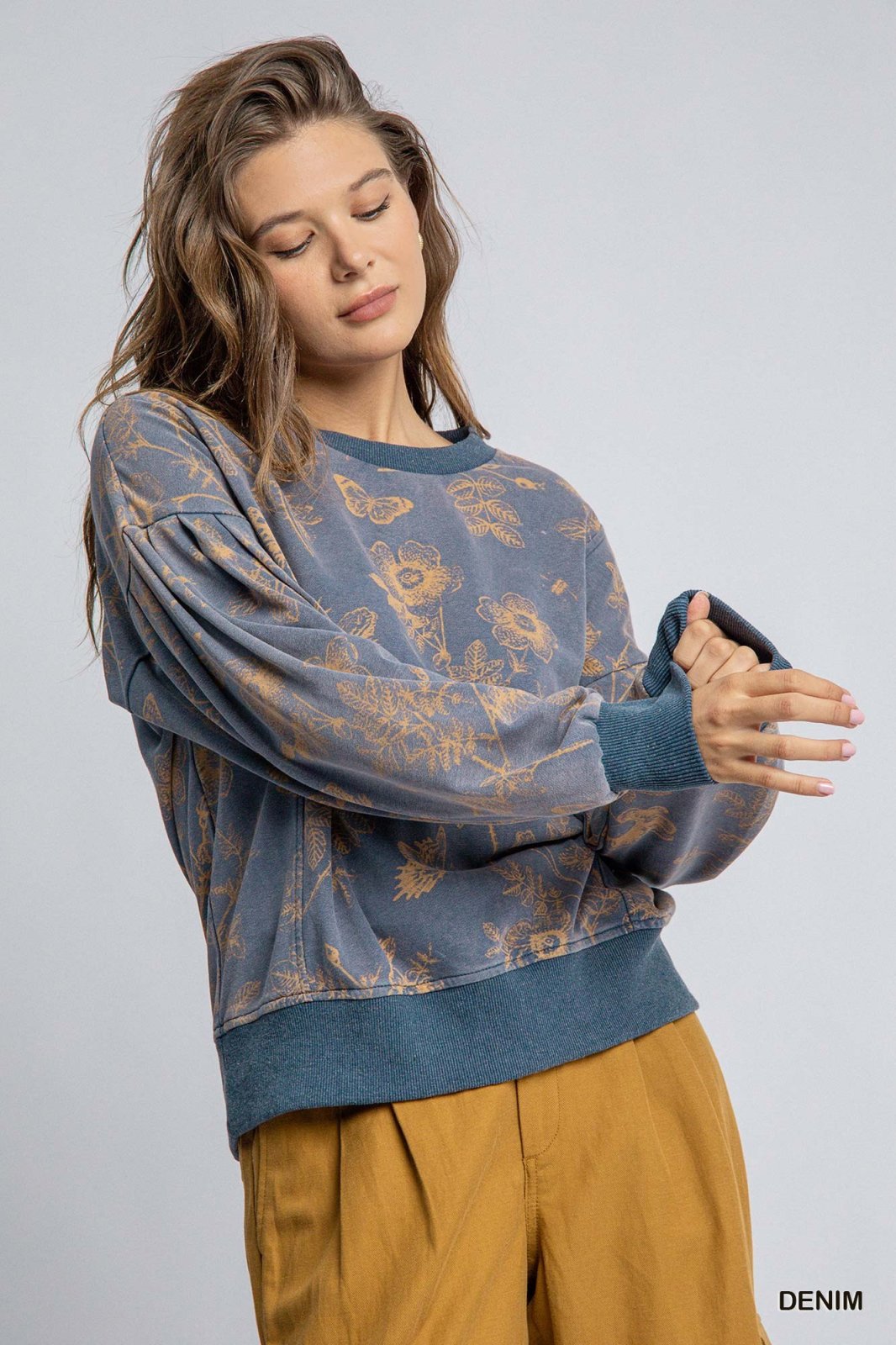Stylish French Terry Floral Top in denim, perfect for coastal boutique clothing and curvy plus size fashion.