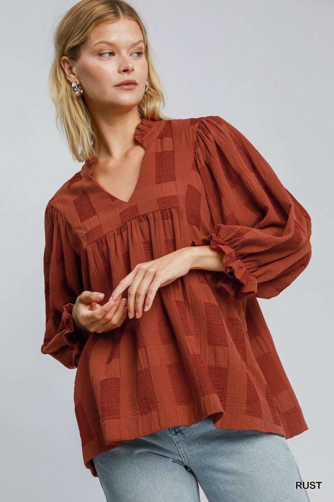 Rust jacquard top in 100% cotton, stylish and perfect for coastal boutique clothing and tropical vacation outfits.