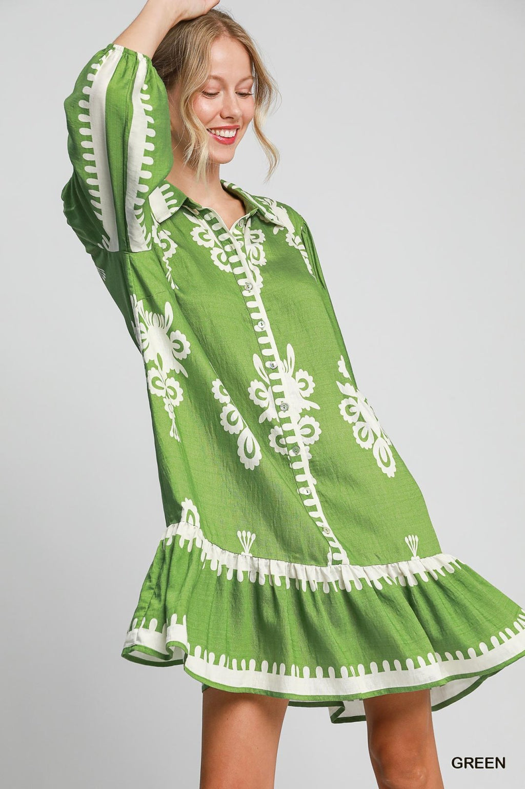 Mara Dress in vibrant green, perfect for tropical vacations, featuring stylish embroidery for coastal boutique clothing lovers.