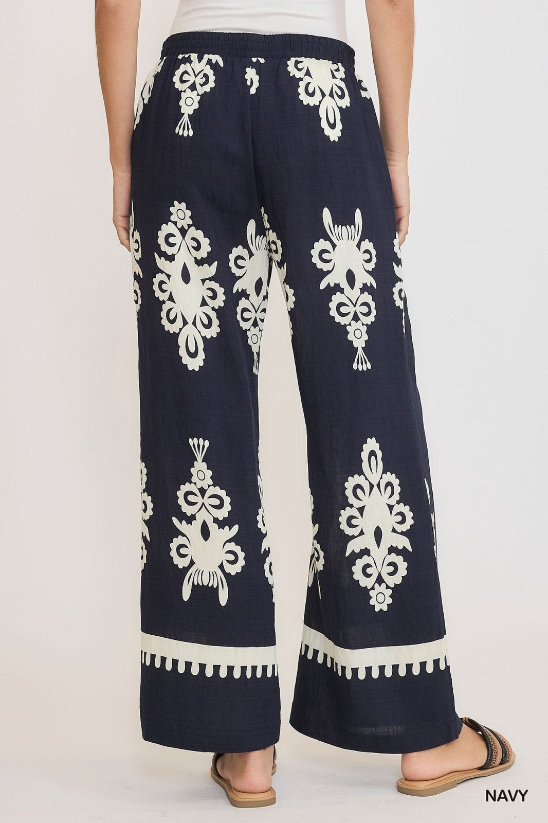 Navy and cream border print pants with elastic waistband, perfect for coastal boutique clothing and curvy plus size fashion.