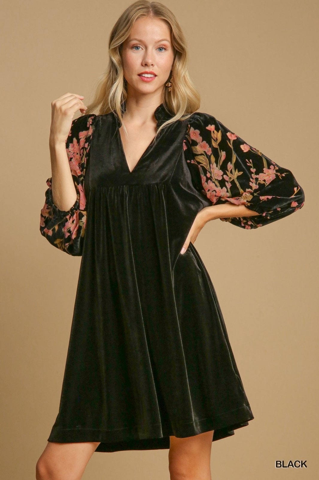 Floral sleeve black velvet dress perfect for coastal boutique clothing and tropical vacation dresses from Port Aransas boutique.