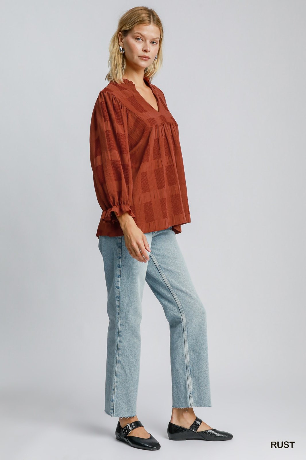 Rust Jacquard Top, 100% cotton, stylish women's top, perfect for coastal boutique clothing and tropical vacation dresses.