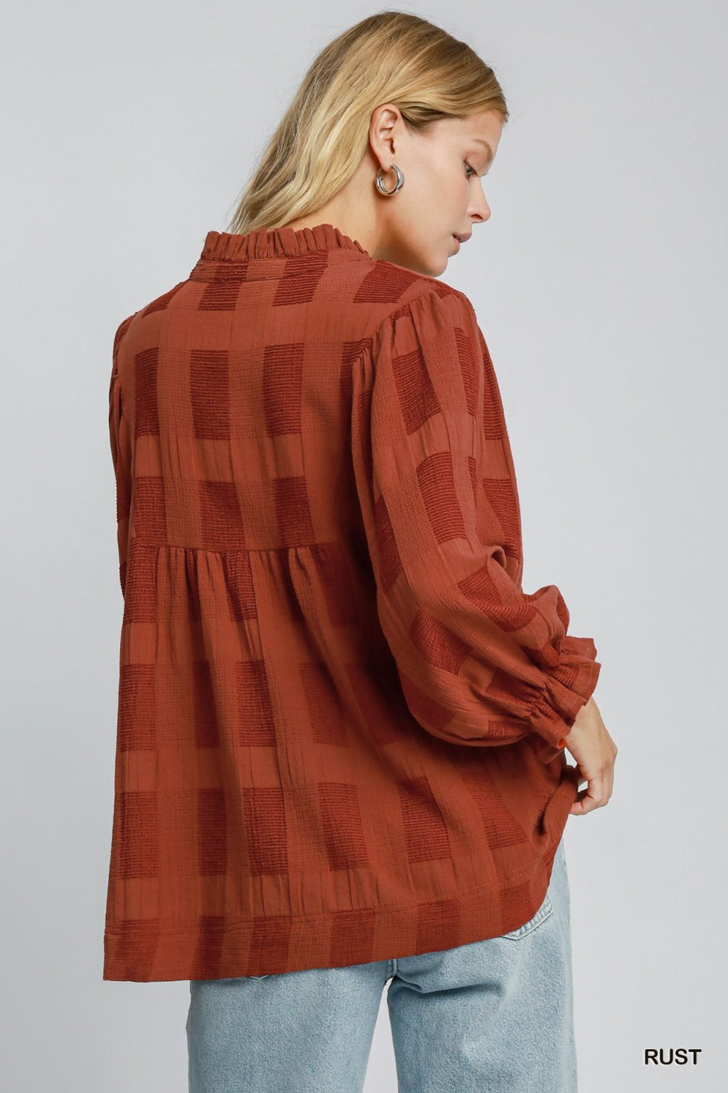 Rust Jacquard Top featuring 100% cotton, perfect for coastal boutique clothing and stylish women's fashion.