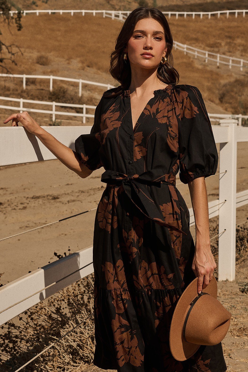 Celina Floral Wynette Tiered Midi Dress, stylish women's fashion from coastal boutique, perfect for tropical vacations.