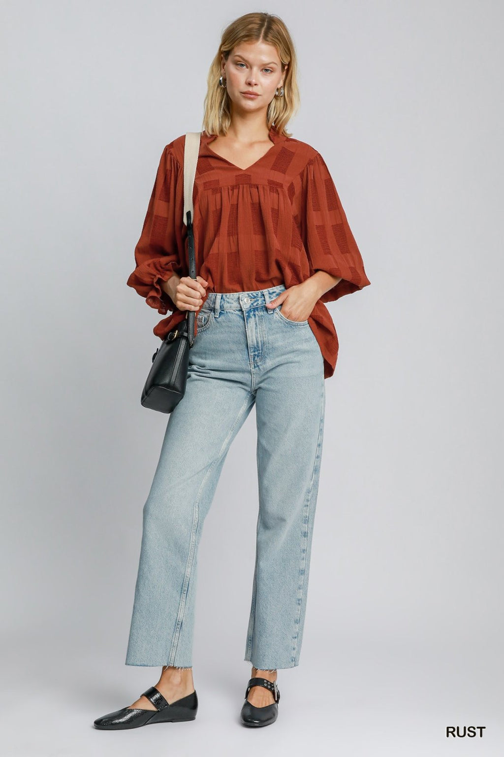 Rust Jacquard Top styled with jeans, perfect for coastal boutique clothing and curvy plus size fashion in Port Aransas.