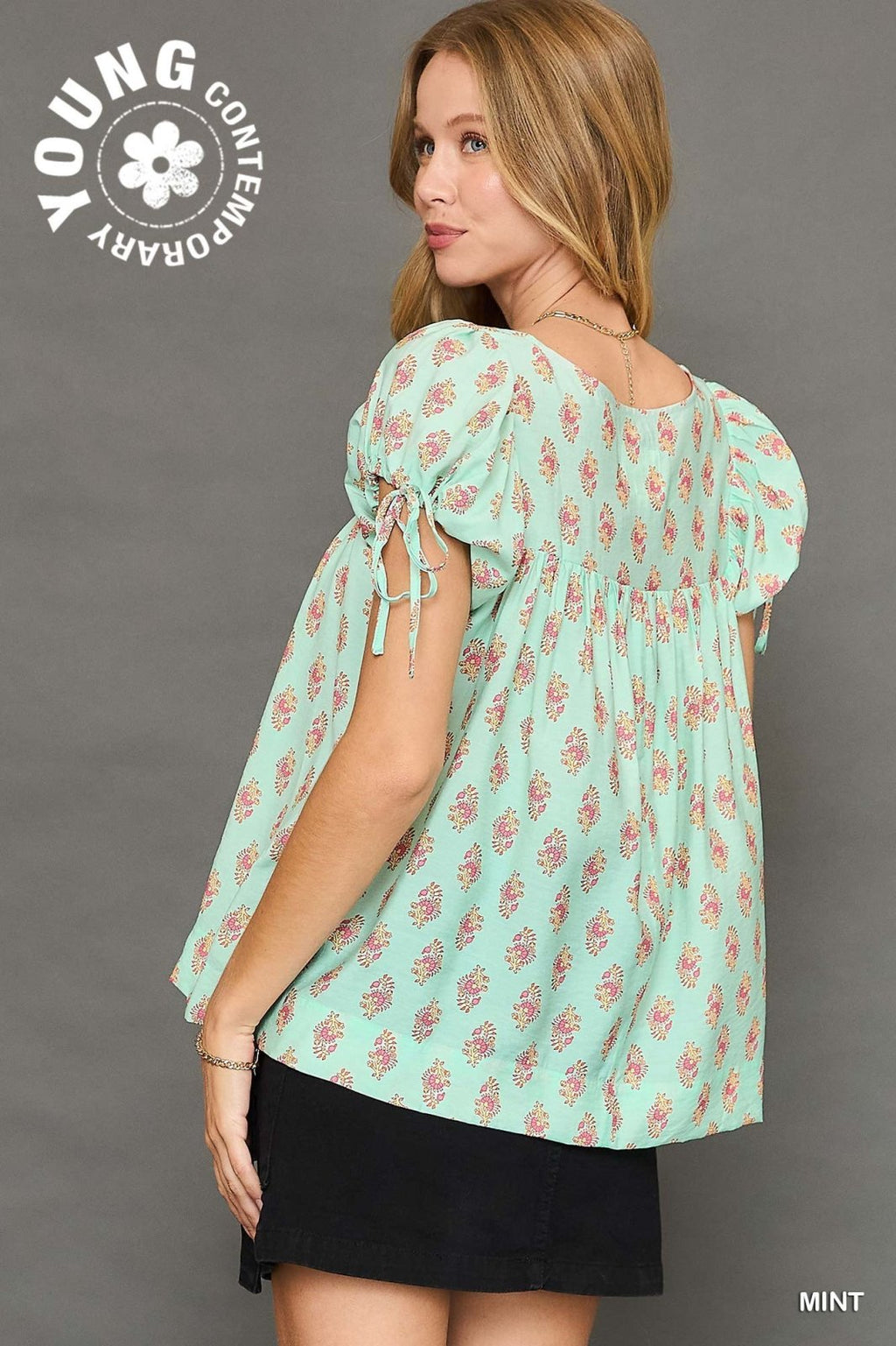Playful Sweet Mint Print Baby Doll Top, perfect for coastal boutique clothing & summer style. Ideal for beach dresses.