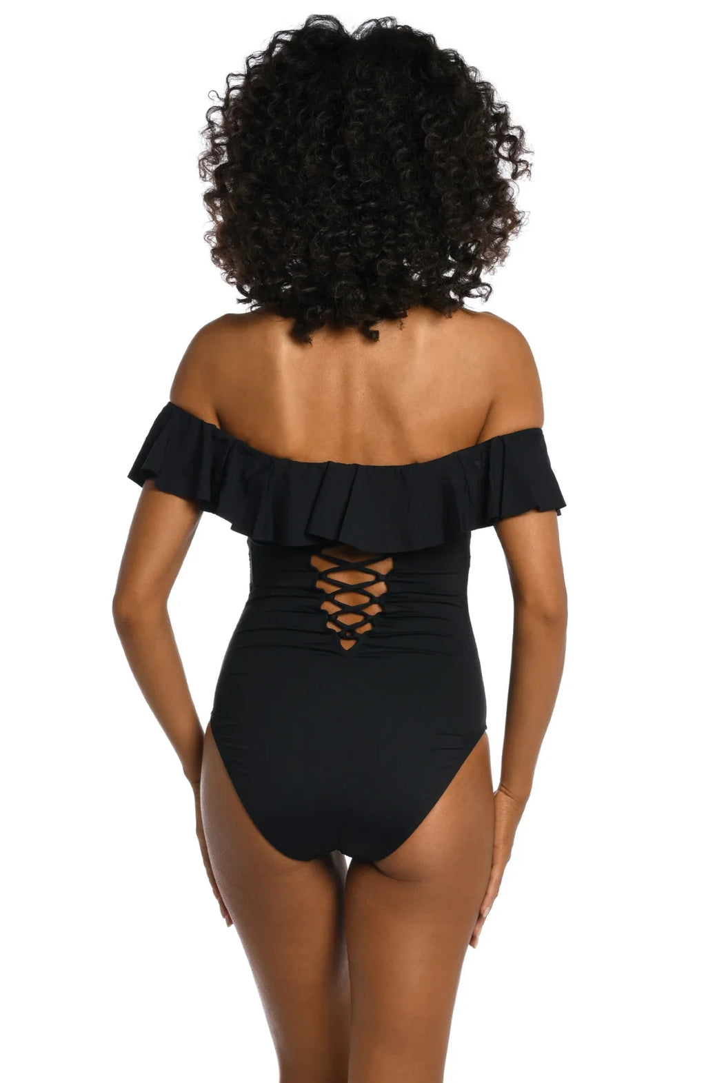 Island Goddess Off-Shoulder Ruffle One-Piece showcasing back view, trendy coastal style from Raggdoll Boutique.