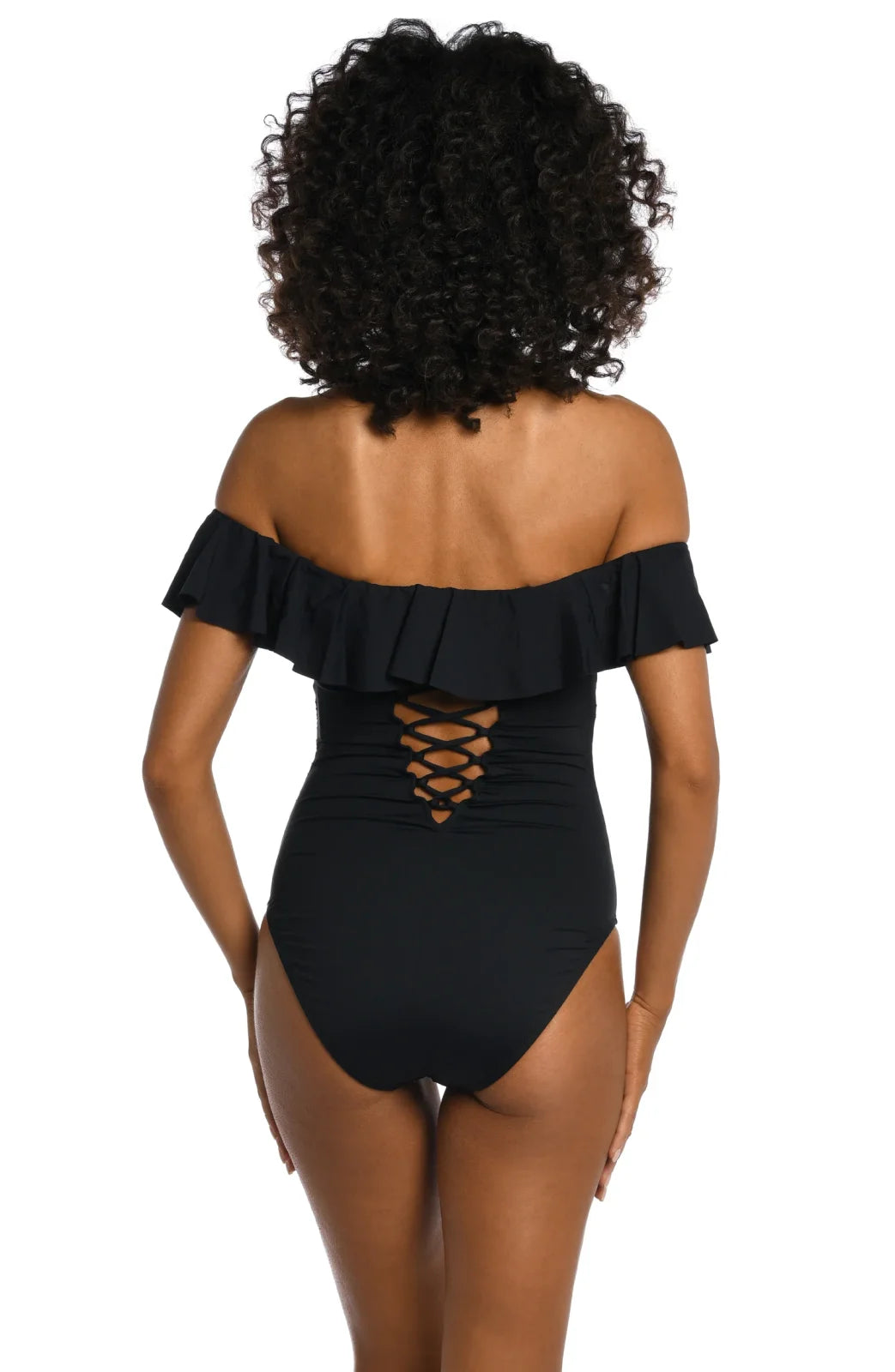 Island Goddess Off-Shoulder Ruffle One-Piece showcasing back view, trendy coastal style from Raggdoll Boutique.