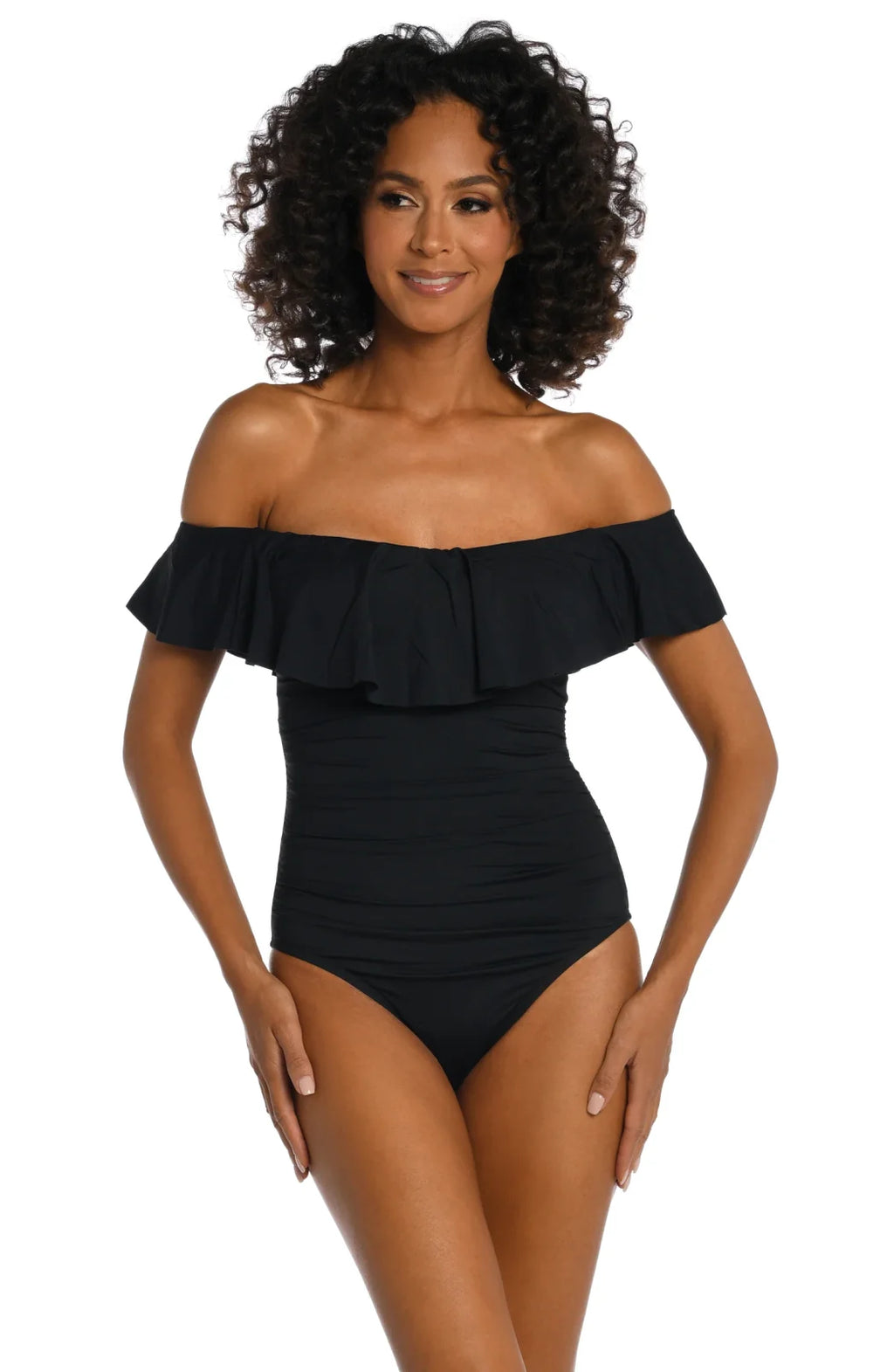 Island Goddess Off-Shoulder Ruffle One-Piece from Raggdoll Boutique, perfect for trendy coastal style and summer outfits.